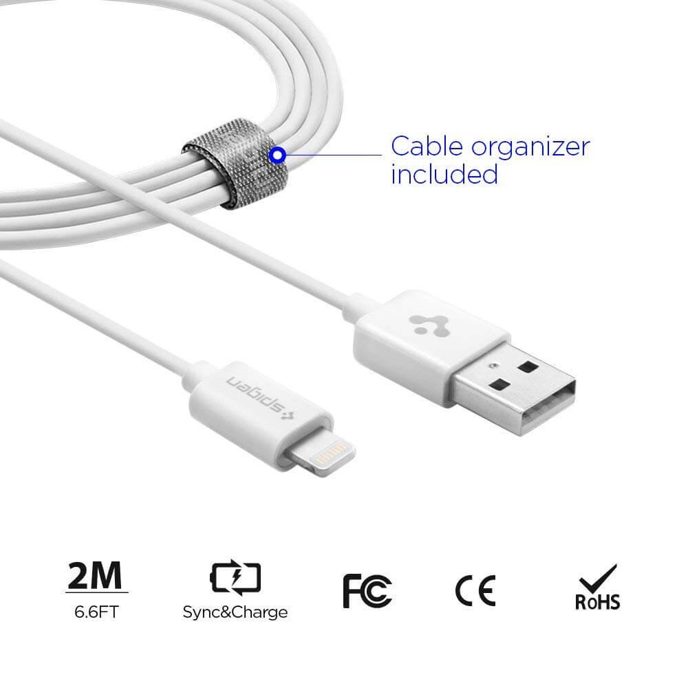 Spigen MFI Certified Lightning to USB Charge and Sync Cable (2 Meters) - White