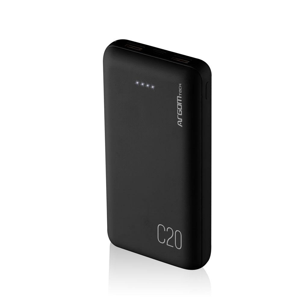 Argom C20 High-Capacity Power Bank 20,000 mAh - Black - 2 Ports 2.1A/2A -